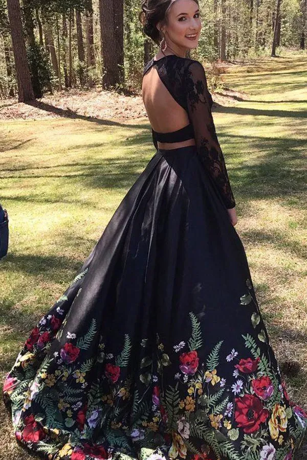 Two Piece Prom Dresses Black Lace Floral Print Long Sleeves Prom Dresses, SP613