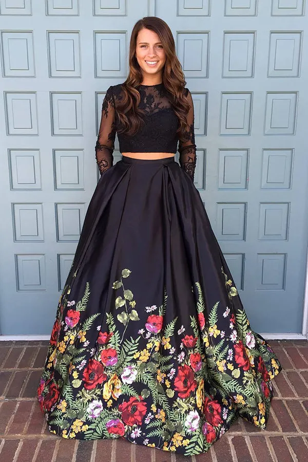 Two Piece Prom Dresses Black Lace Floral Print Long Sleeves Prom Dresses, SP613