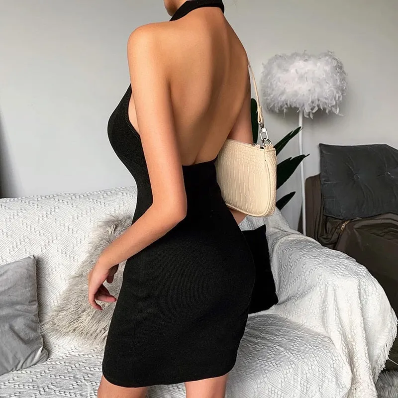 V-Neck Mini Dresses Front Button Backless Elastic Knitted