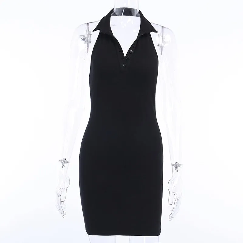 V-Neck Mini Dresses Front Button Backless Elastic Knitted