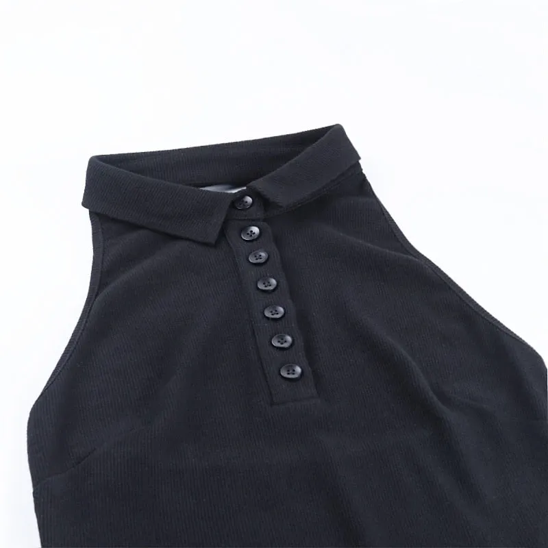 V-Neck Mini Dresses Front Button Backless Elastic Knitted