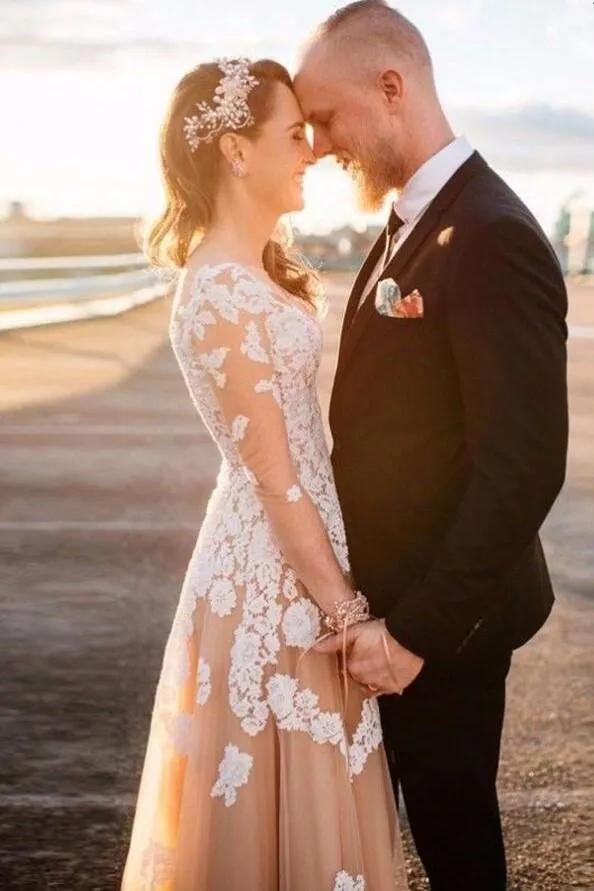 V-neckline Lace Champagne Wedding Gown with Illusion Long Sleeves