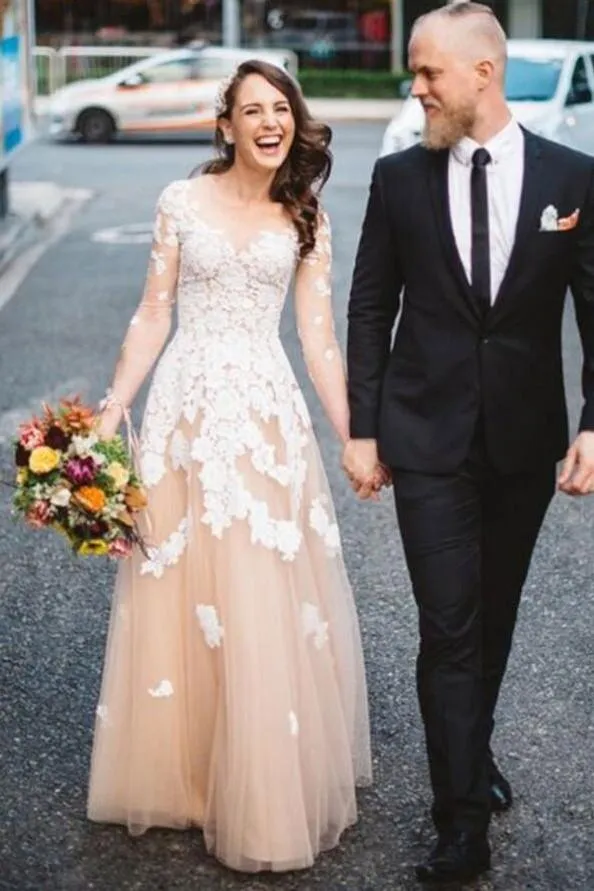 V-neckline Lace Champagne Wedding Gown with Illusion Long Sleeves