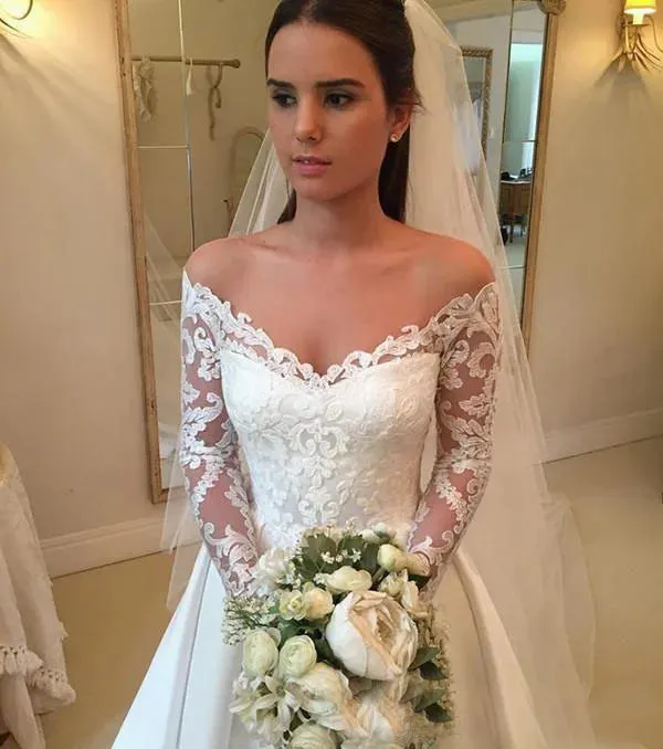 VENSANAC Off the Shoulder Satin A Line Wedding Dress V Neck Lace Appliques Long Sleeve Sweep Train Bridal Gowns