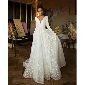 Vestido De Noiva Boho Wedding Dress Satin A Line Wedding Dresses Longue Long Sleeves V Neck Simple Bridal Dress Robe De Soiree