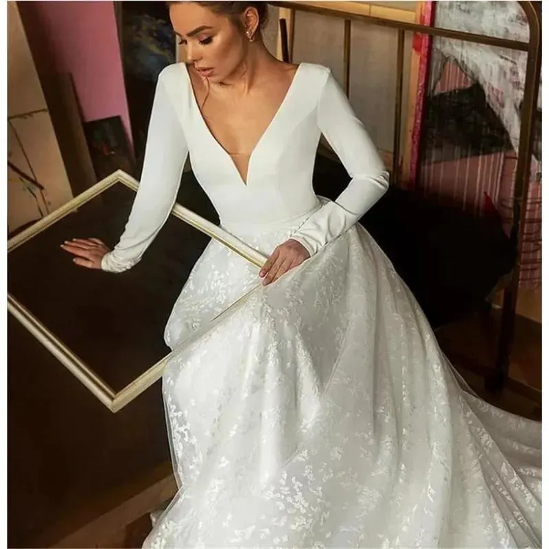 Vestido De Noiva Boho Wedding Dress Satin A Line Wedding Dresses Longue Long Sleeves V Neck Simple Bridal Dress Robe De Soiree