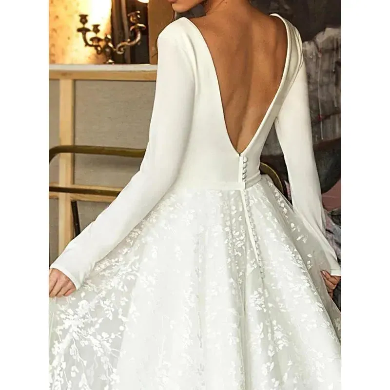 Vestido De Noiva Boho Wedding Dress Satin A Line Wedding Dresses Longue Long Sleeves V Neck Simple Bridal Dress Robe De Soiree