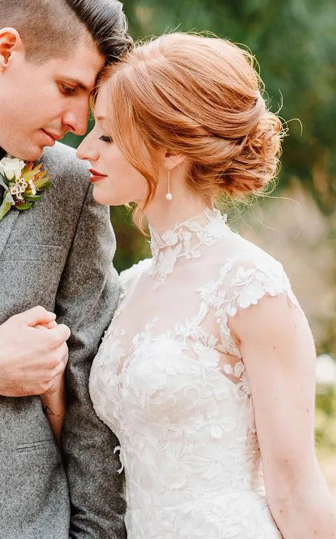 Vintage Country Ethereal Boho Mermaid Dress for Wedding Rustic Idyllic Illusion High Neck Sweep Train Bridal Gown