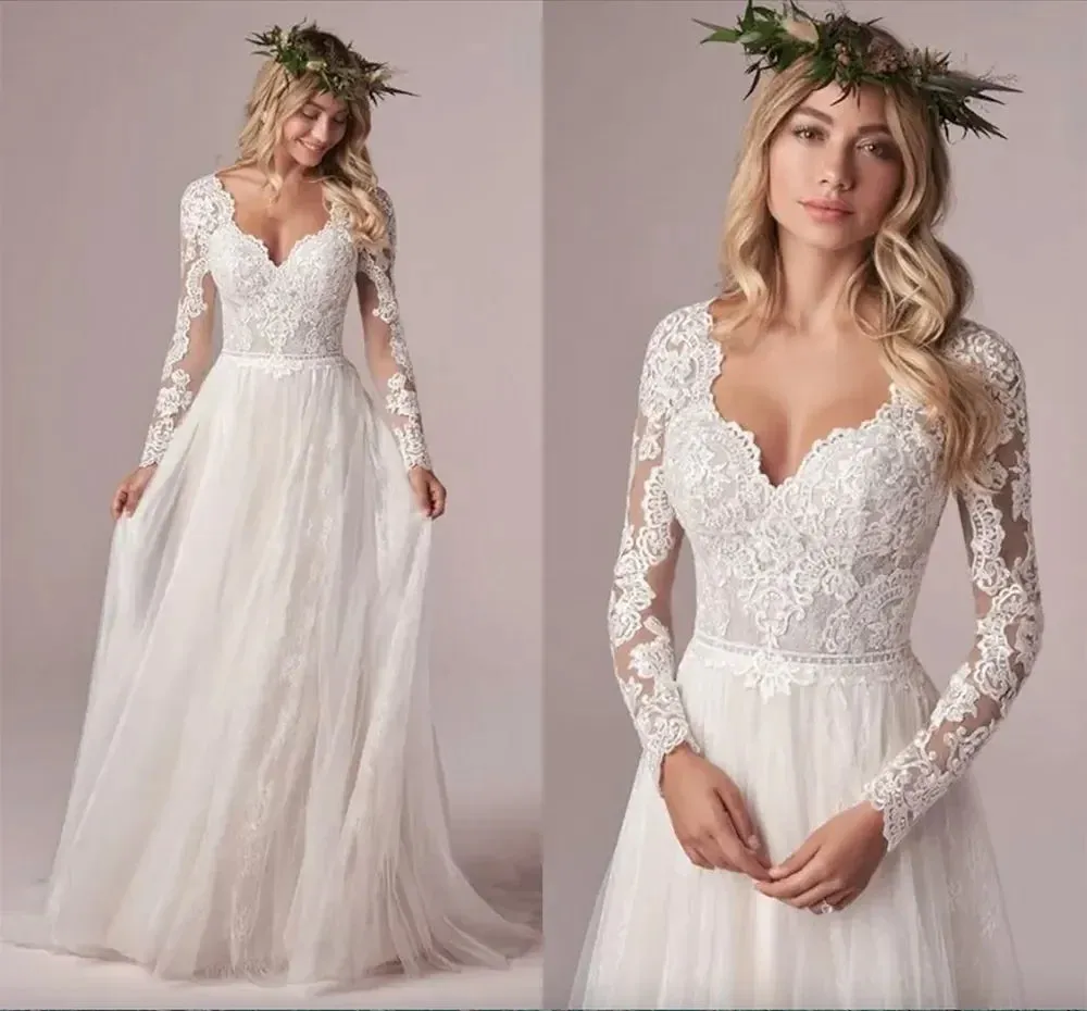 Vintage elegant A-line wedding dress line Decal Long sleeve new tulle lace long Vestido De Novia sexy open back plus size