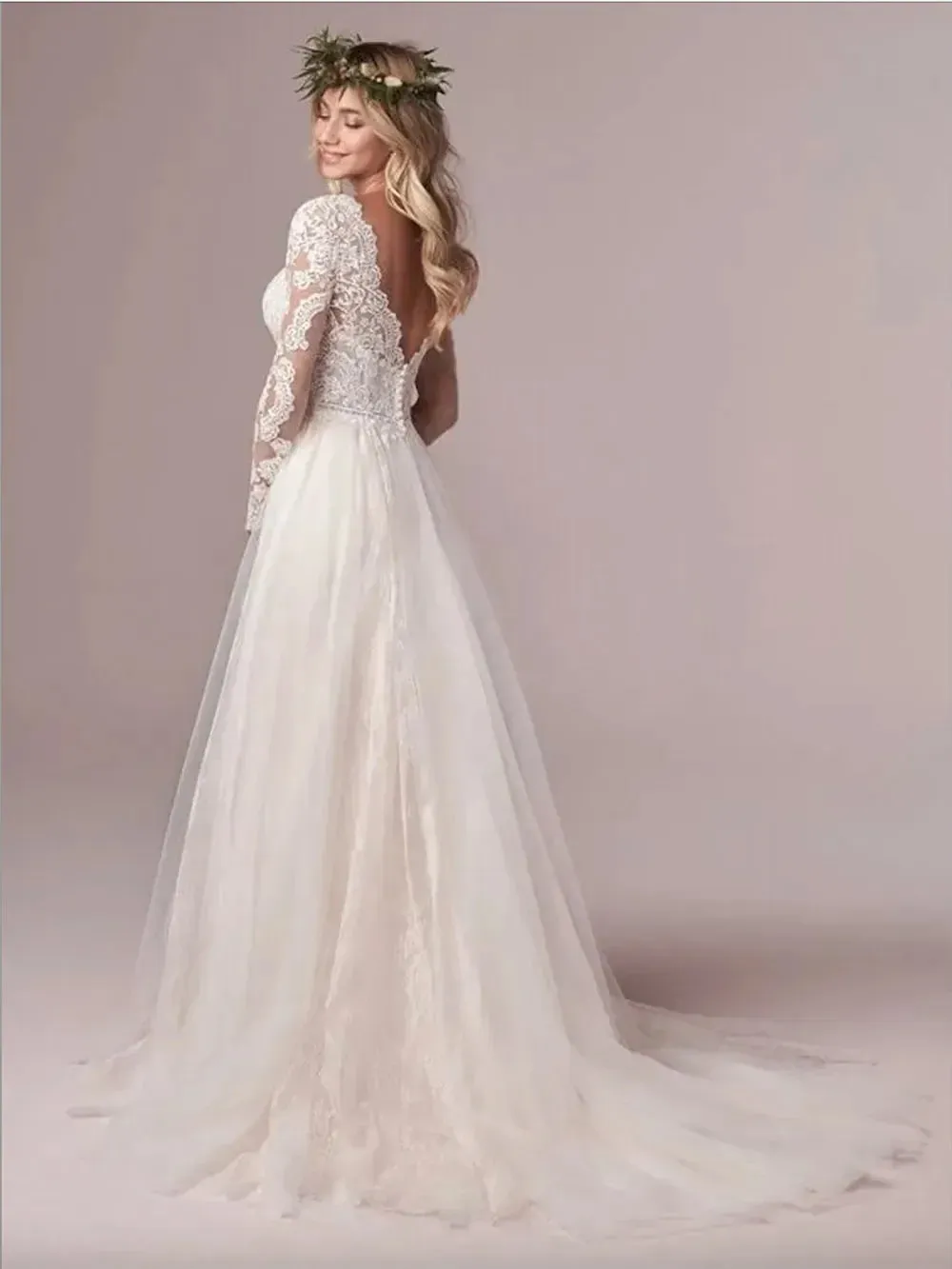 Vintage elegant A-line wedding dress line Decal Long sleeve new tulle lace long Vestido De Novia sexy open back plus size