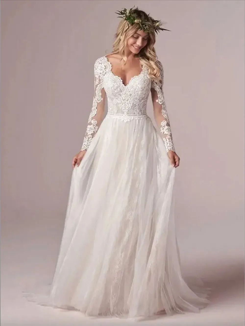 Vintage elegant A-line wedding dress line Decal Long sleeve new tulle lace long Vestido De Novia sexy open back plus size