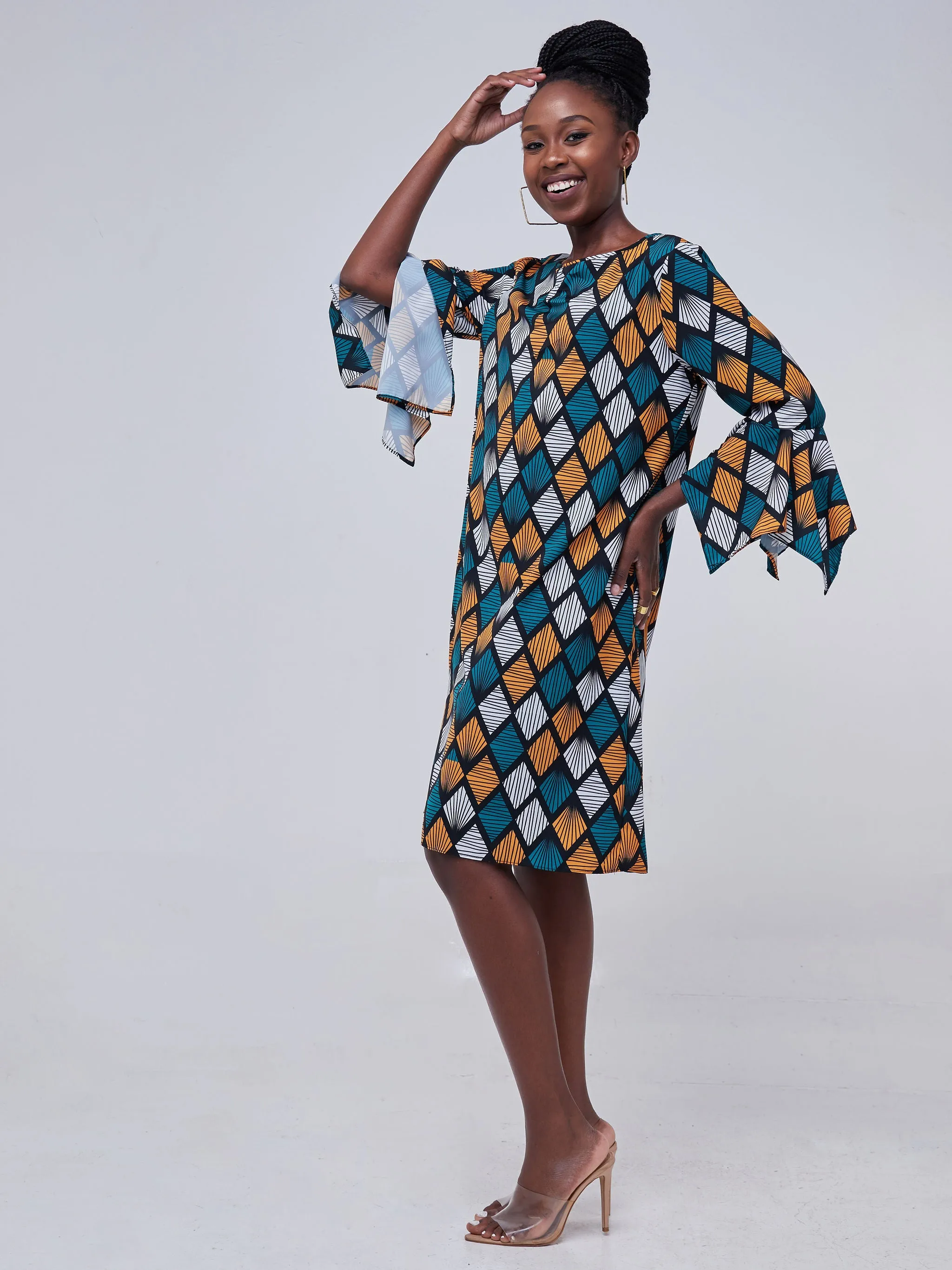 Vivo Jasiri 3/4 Drape Sleeve Shift Dress - Teal / White Print