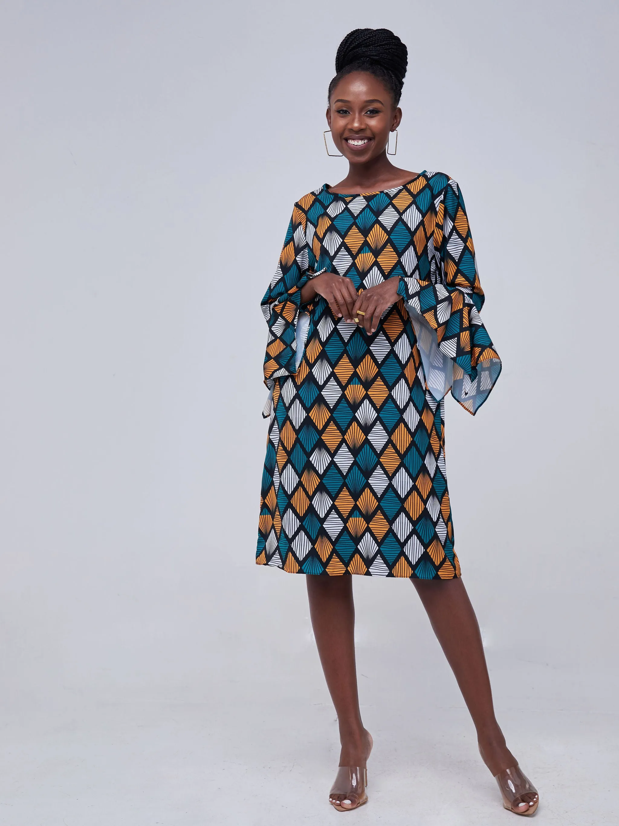 Vivo Jasiri 3/4 Drape Sleeve Shift Dress - Teal / White Print