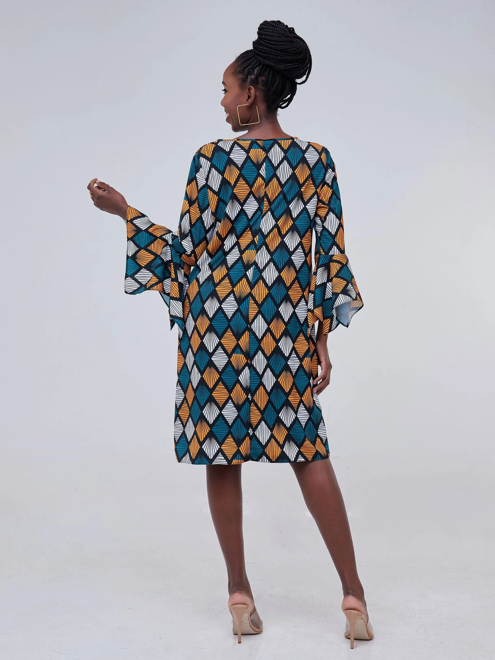 Vivo Jasiri 3/4 Drape Sleeve Shift Dress - Teal / White Print