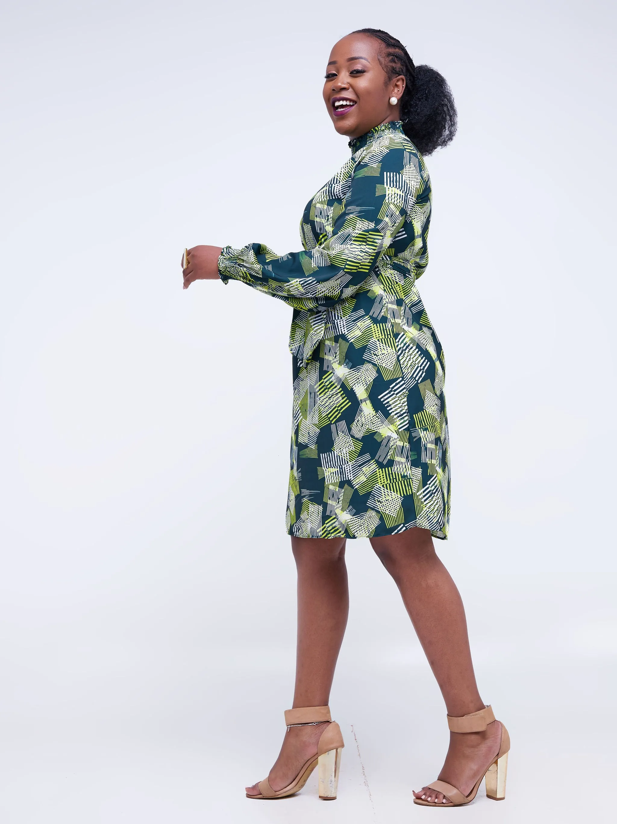 Vivo Zena Bishop Sleeve Mock Neck Shift Dress - Green Print