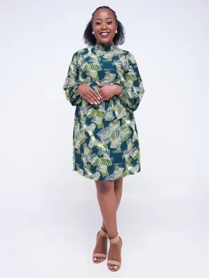 Vivo Zena Bishop Sleeve Mock Neck Shift Dress - Green Print
