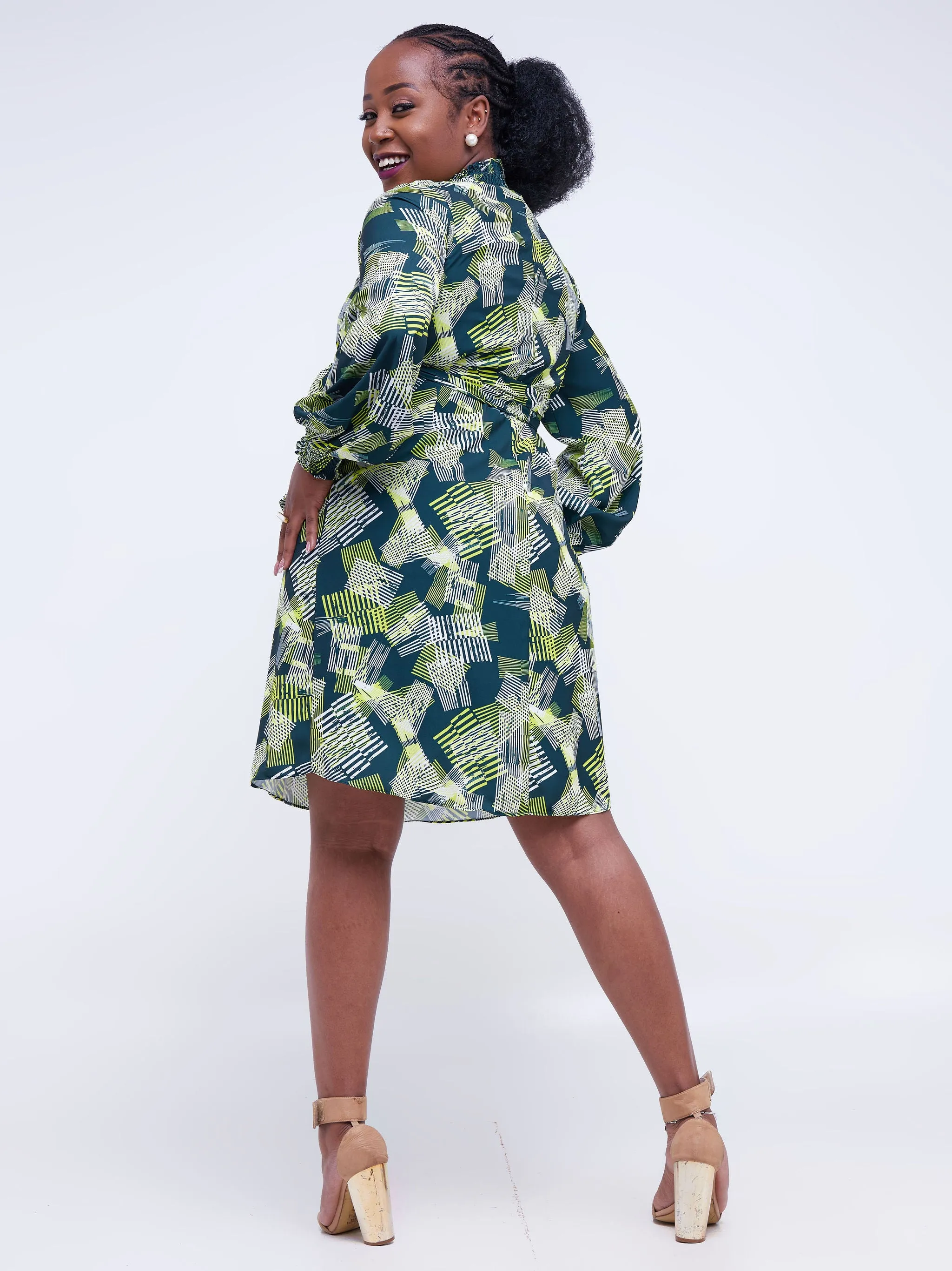 Vivo Zena Bishop Sleeve Mock Neck Shift Dress - Green Print