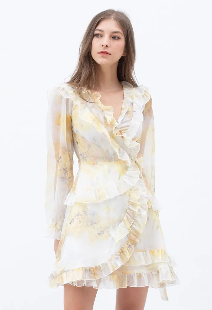 Watercolor Printed Ruffle Wrapped Mini Dress