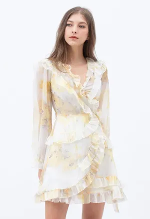 Watercolor Printed Ruffle Wrapped Mini Dress