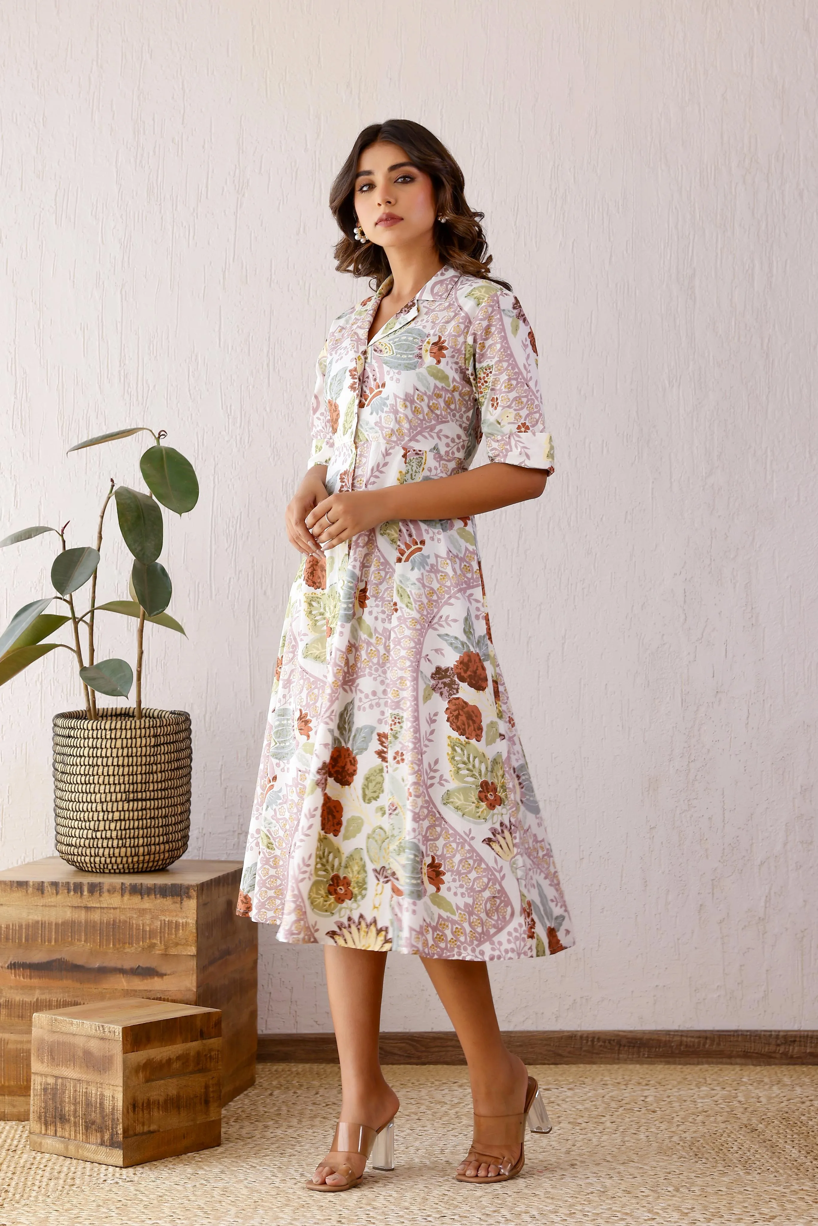 White & Purple Floral Cotton Dress