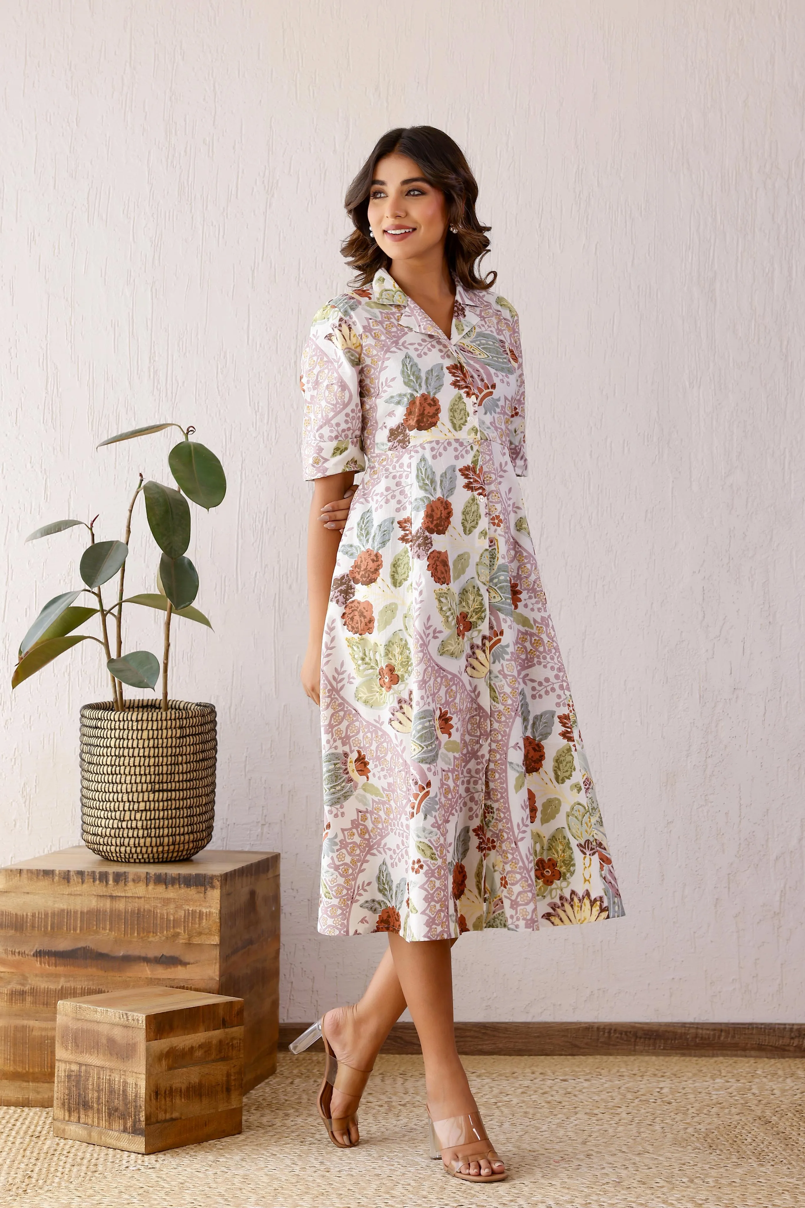 White & Purple Floral Cotton Dress