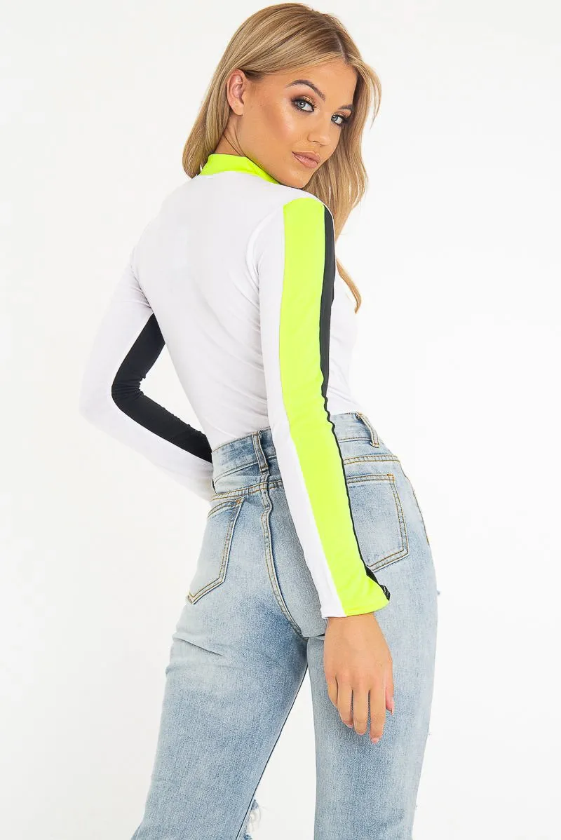 White Black and Neon Yellow Contrast Long Sleeved Bodysuit - Lareen