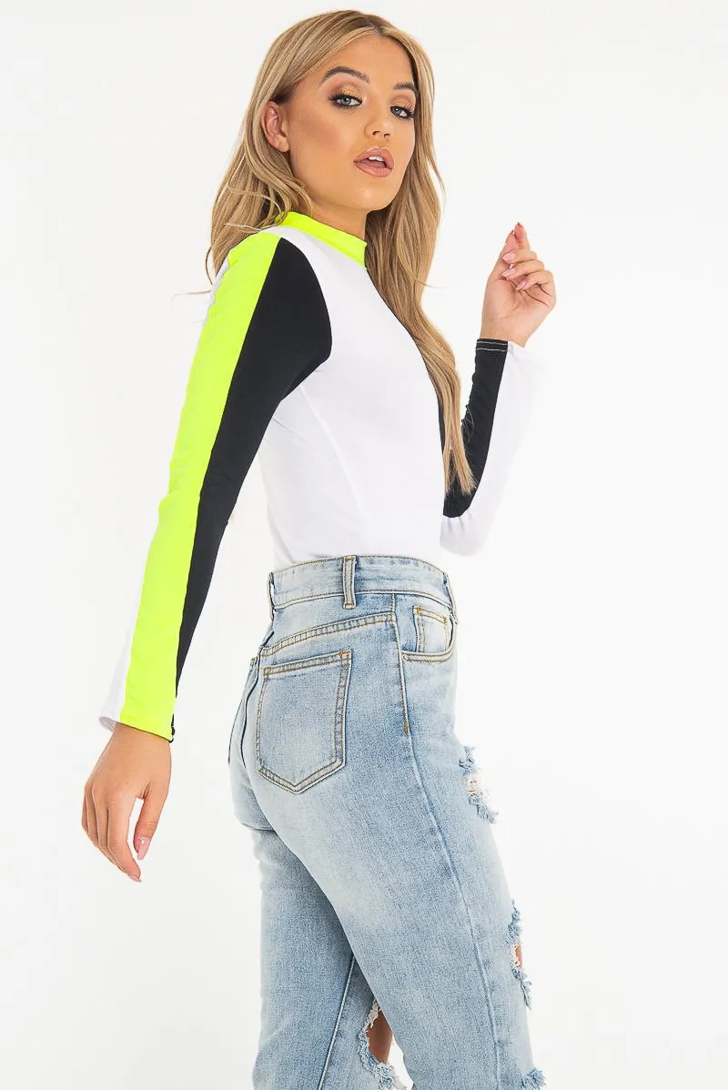 White Black and Neon Yellow Contrast Long Sleeved Bodysuit - Lareen