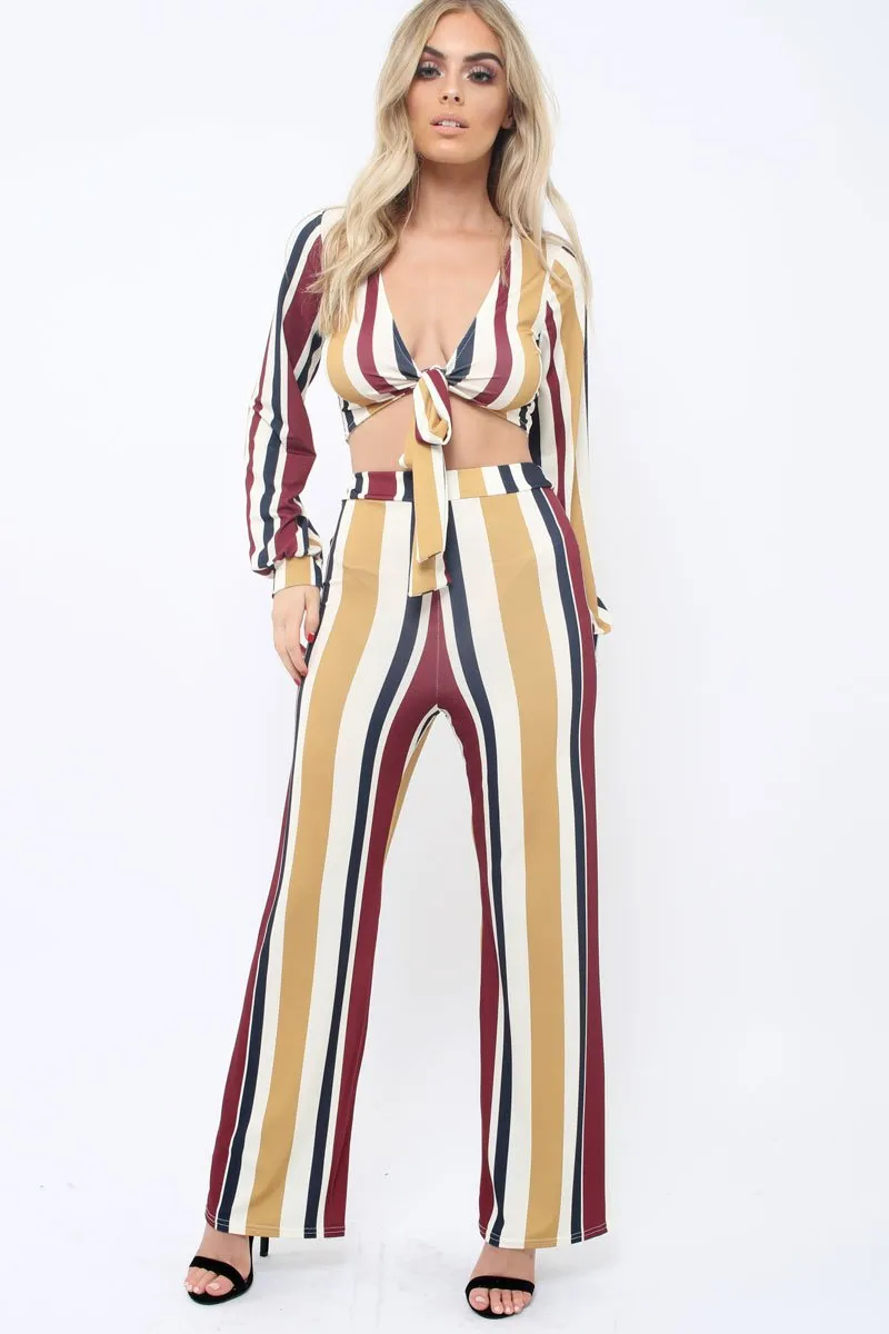 Wine Multi Stripe Plunge Tie Top - Nali