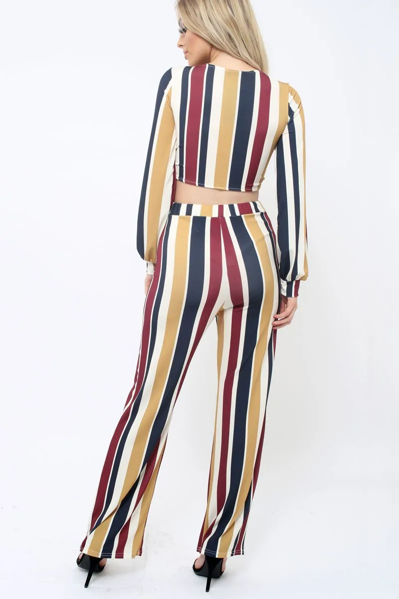 Wine Multi Stripe Plunge Tie Top - Nali