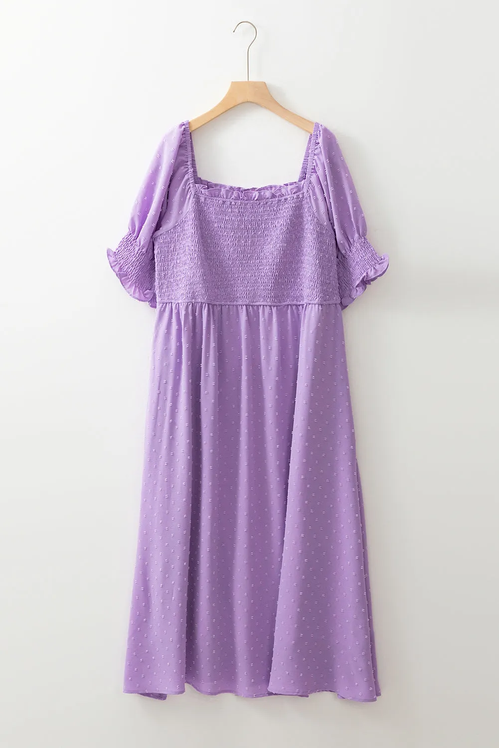 Wisteria Swiss Dot Smocked Frilled Neckline Short Sleeve Plus Size Dress