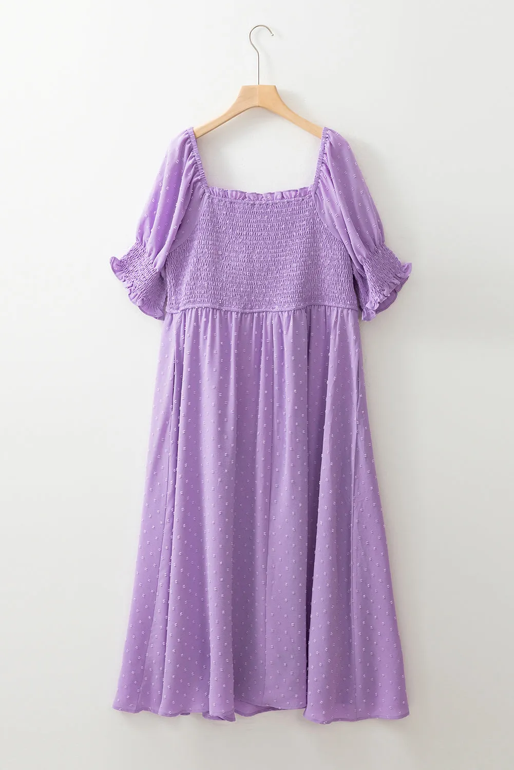 Wisteria Swiss Dot Smocked Frilled Neckline Short Sleeve Plus Size Dress