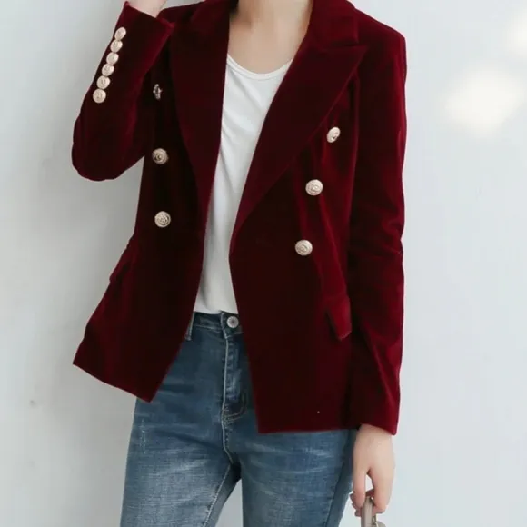 Women Slim Velvet Blazer Jacket Double Breasted Simple Lady Blazers
