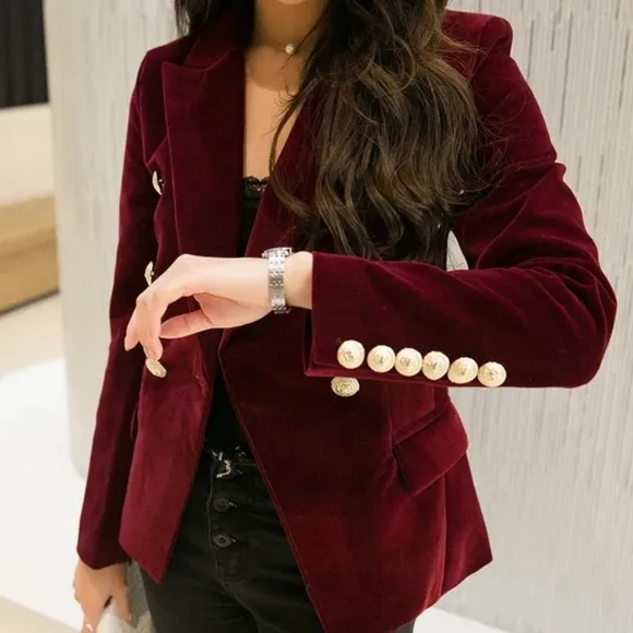 Women Slim Velvet Blazer Jacket Double Breasted Simple Lady Blazers