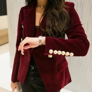Women Slim Velvet Blazer Jacket Double Breasted Simple Lady Blazers