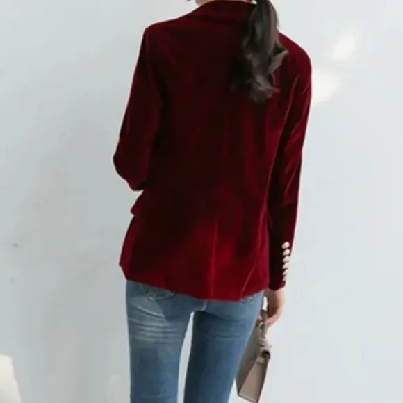 Women Slim Velvet Blazer Jacket Double Breasted Simple Lady Blazers