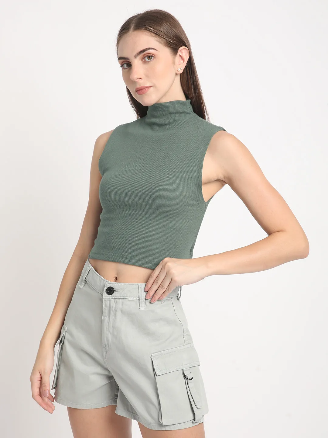 Women Solid High Neck sleeveless Top