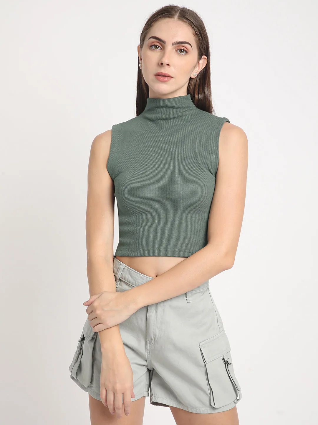 Women Solid High Neck sleeveless Top