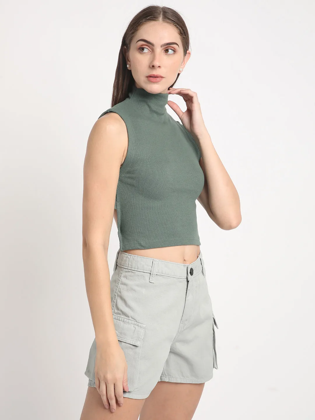 Women Solid High Neck sleeveless Top