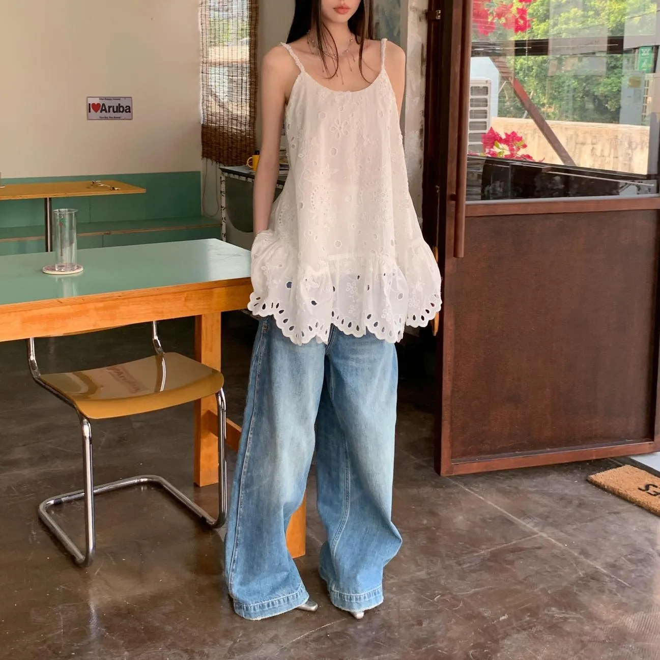 Women's Eyelet Tulip Hem Cami Dress in Floral Design