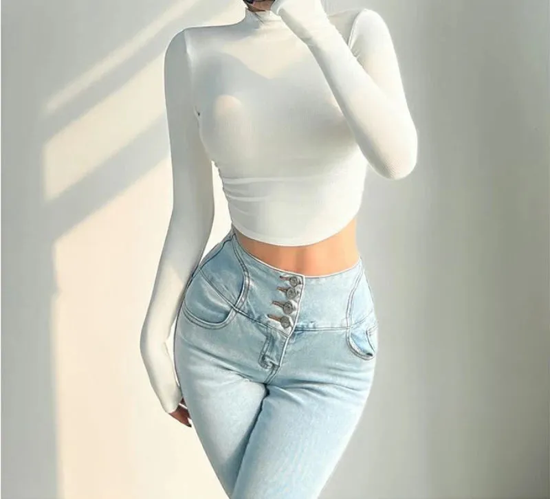 Womens Long Sleeve Turtleneck T Shirts Ribbed Tight Knit Sexy Slim Fitted Casual Women's Basic Crop Tops Cropped T-Shirt