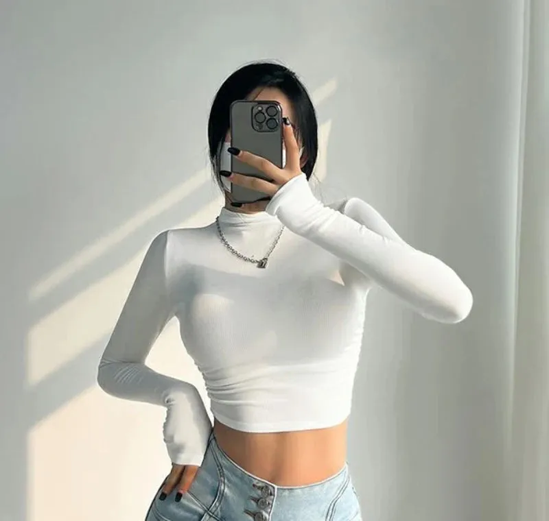 Womens Long Sleeve Turtleneck T Shirts Ribbed Tight Knit Sexy Slim Fitted Casual Women's Basic Crop Tops Cropped T-Shirt