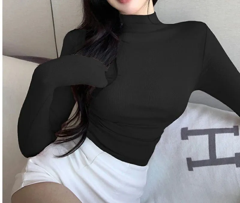 Womens Long Sleeve Turtleneck T Shirts Ribbed Tight Knit Sexy Slim Fitted Casual Women's Basic Crop Tops Cropped T-Shirt