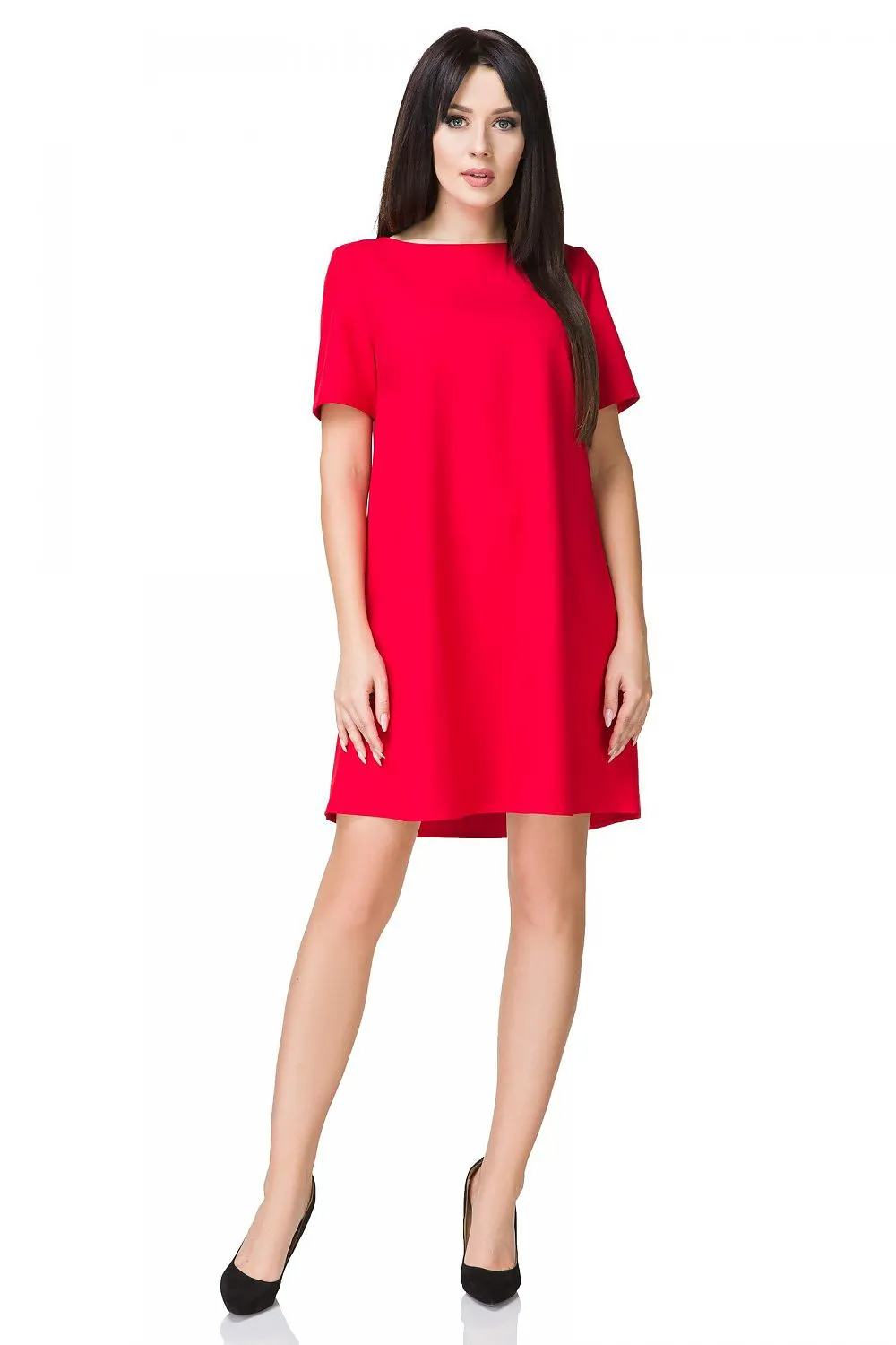 Women’s Red Cocktail Dress Asymmetric Neckline Elegant Style Short Sleeve Shift