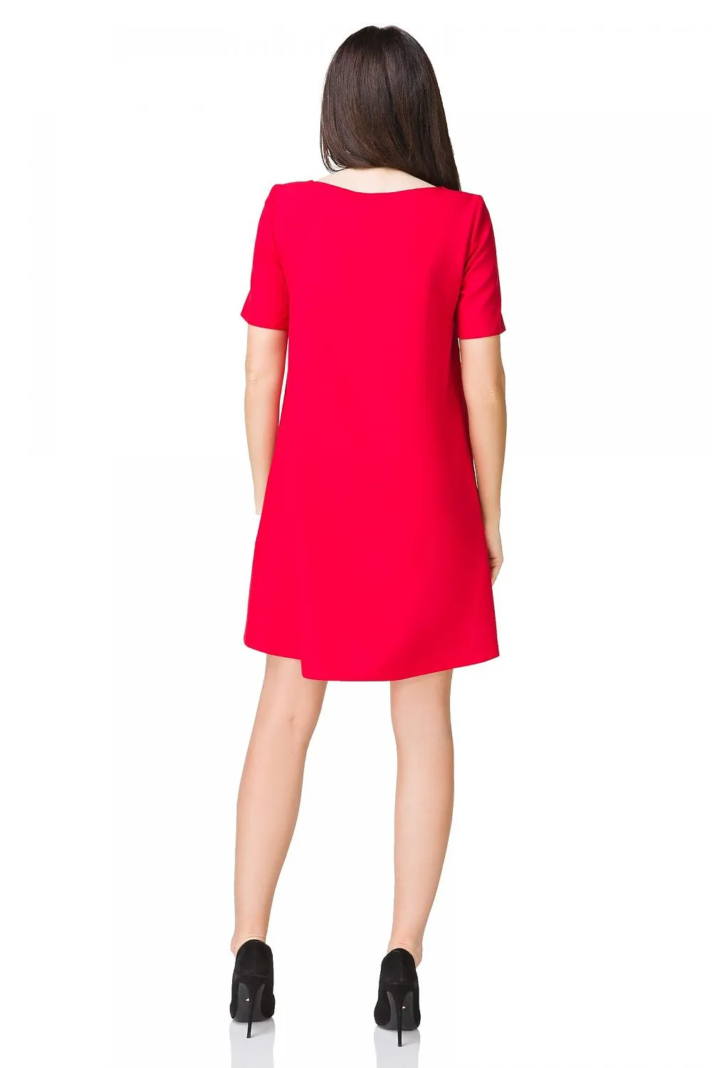 Women’s Red Cocktail Dress Asymmetric Neckline Elegant Style Short Sleeve Shift