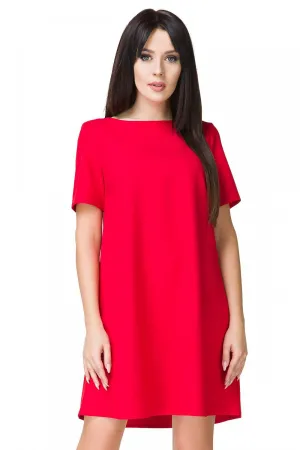 Women’s Red Cocktail Dress Asymmetric Neckline Elegant Style Short Sleeve Shift