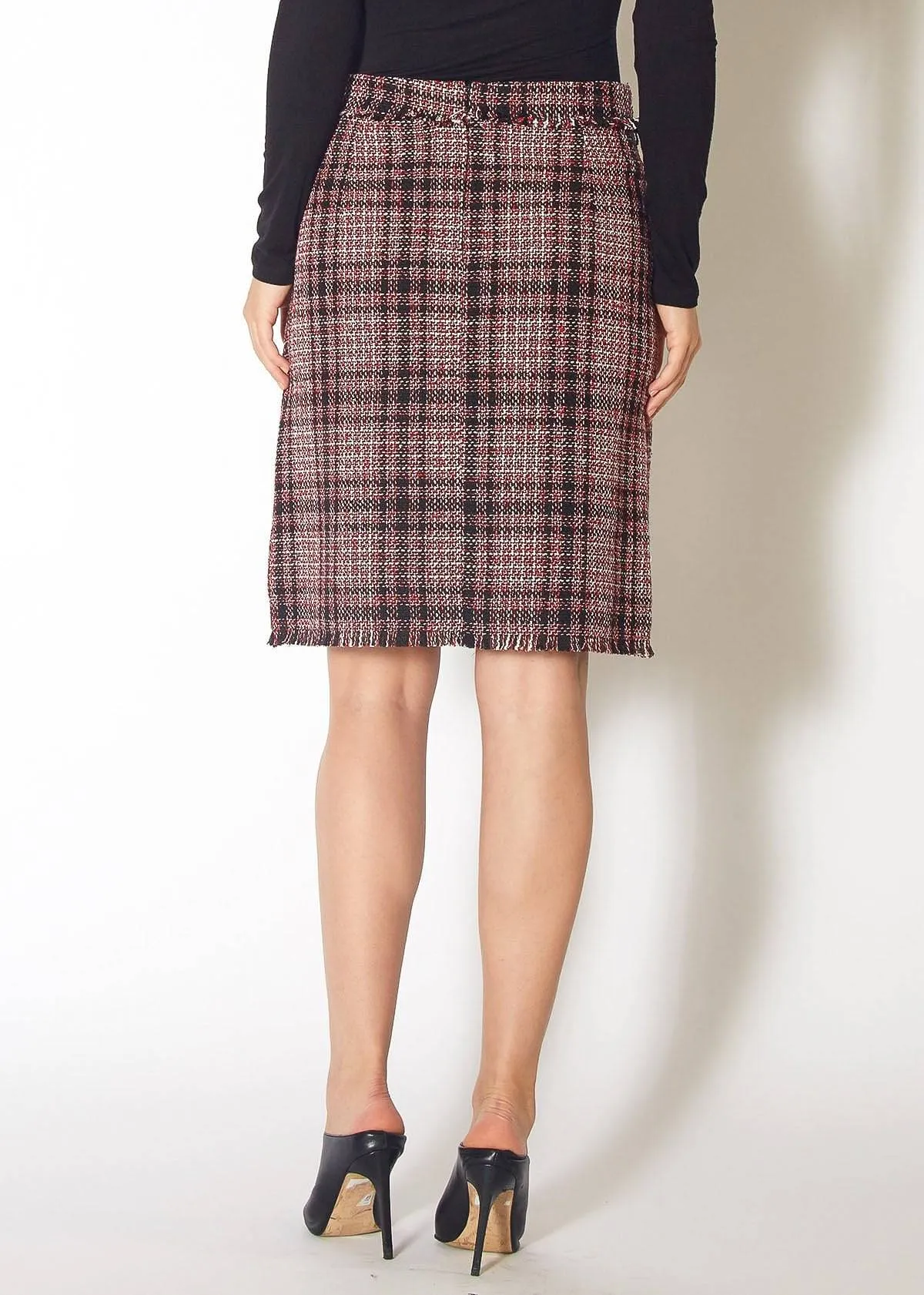 Women's Red Tweed High Rise Pencil Skirt in Red Black Tweed
