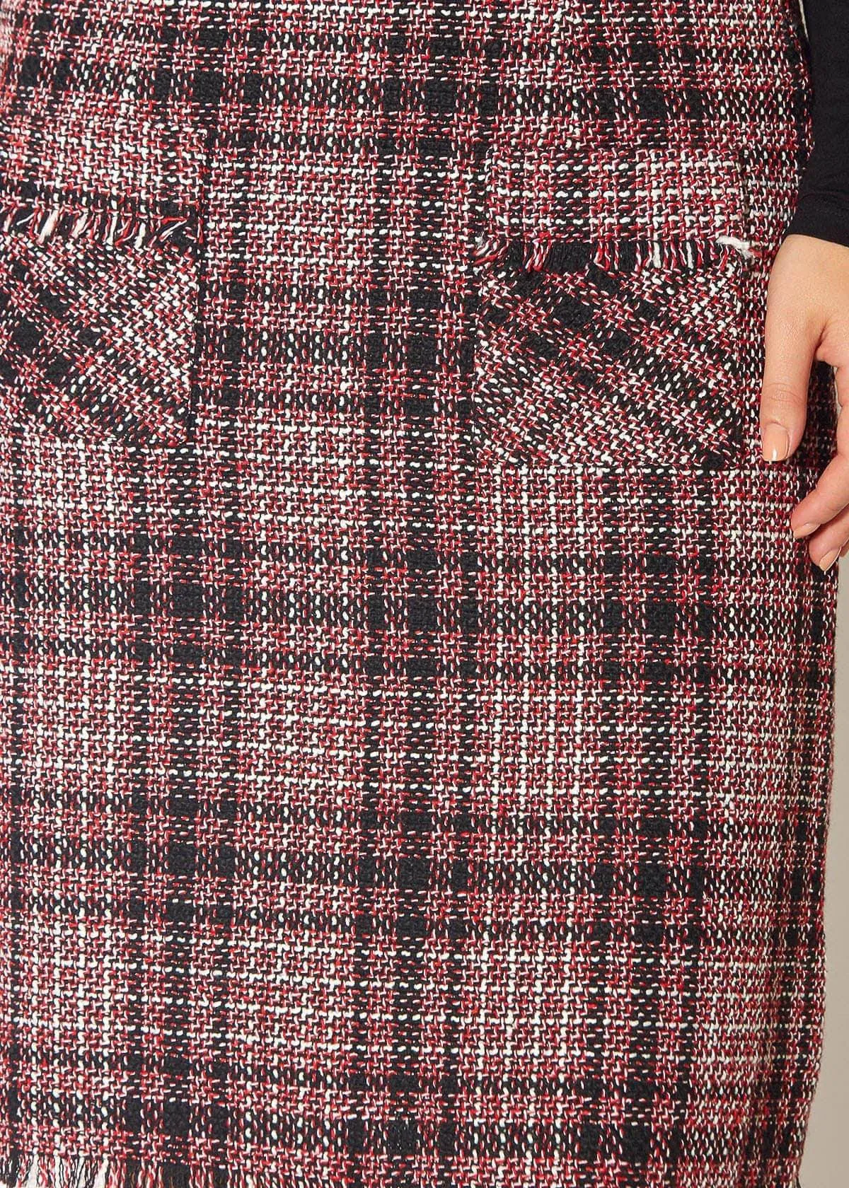 Women's Red Tweed High Rise Pencil Skirt in Red Black Tweed