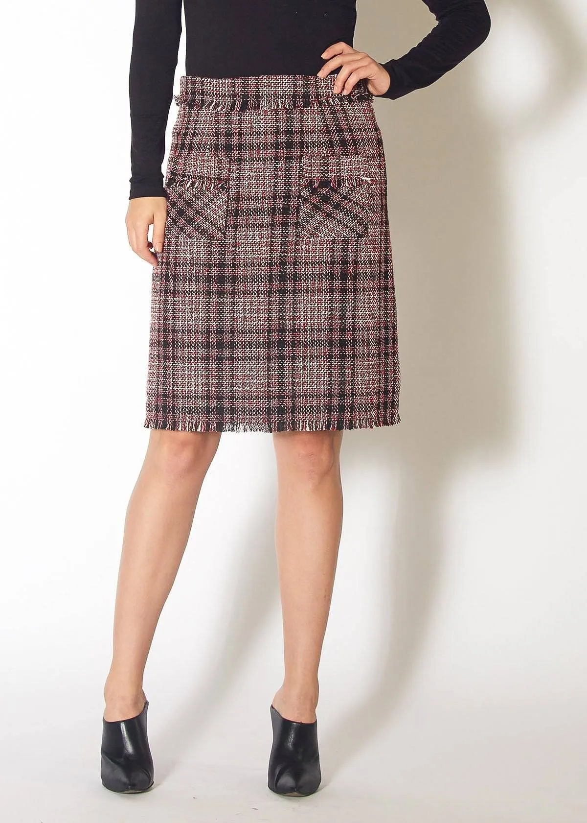 Women's Red Tweed High Rise Pencil Skirt in Red Black Tweed
