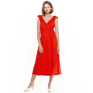 Women's Ruffle Trim Wrapped Maxi Dress in Red