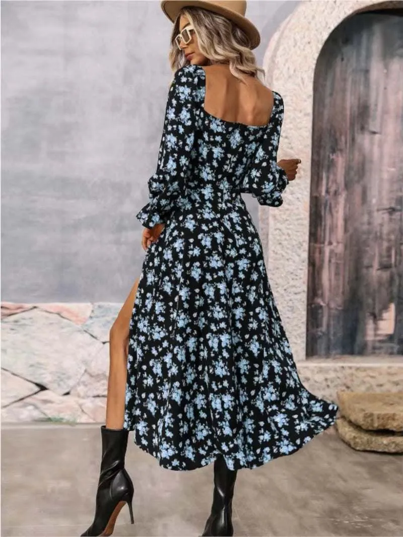 Women's Spring Fashion Print Split Dress Square Neck Wrapped